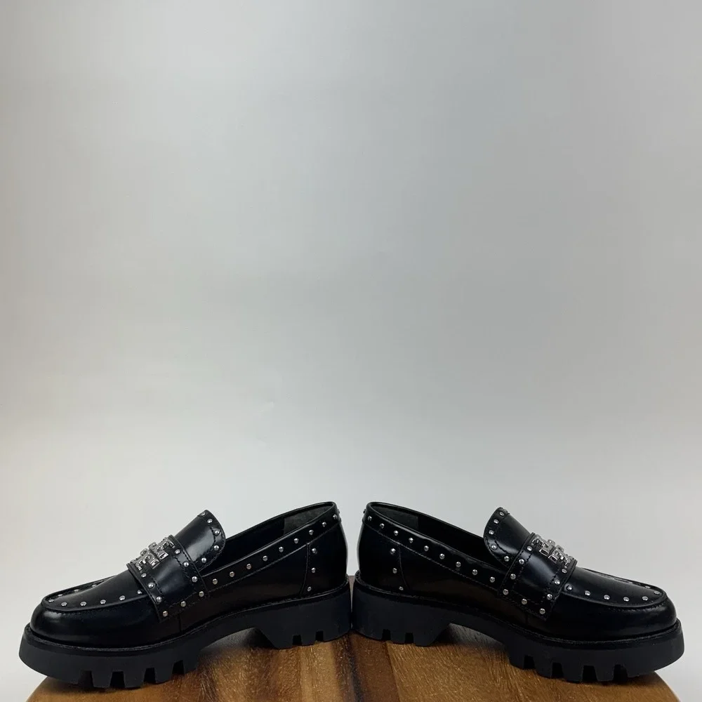 New NWOB Womens Tory Burch Mini Everly Black Leather Studded Chunky Loafers SZ 6